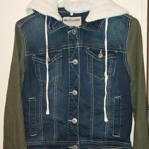 Wallflower Blue Denim Jacket with White Sherpa Hood and Olive Sleeves